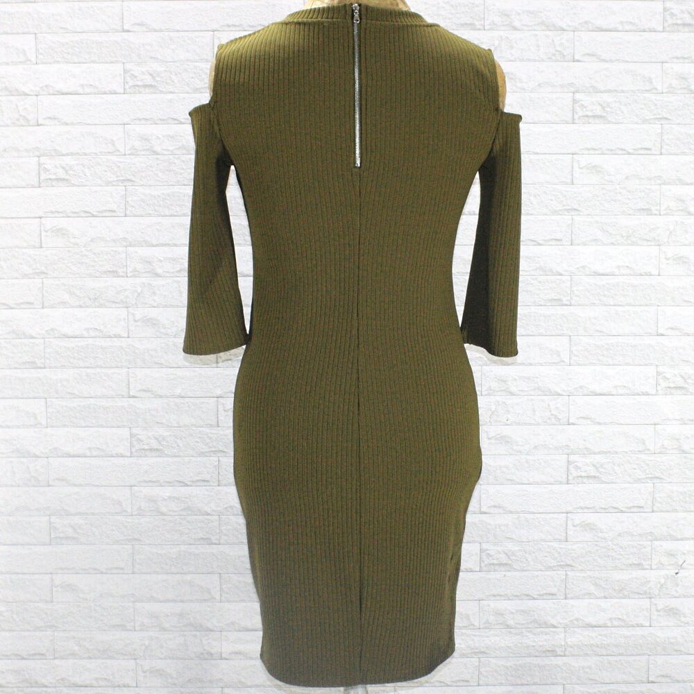 FOREVER 21 Dress Ribbed Knit Bodycon Form Fitted Cold Shoulder Column Olive S - Picture 6 of 15